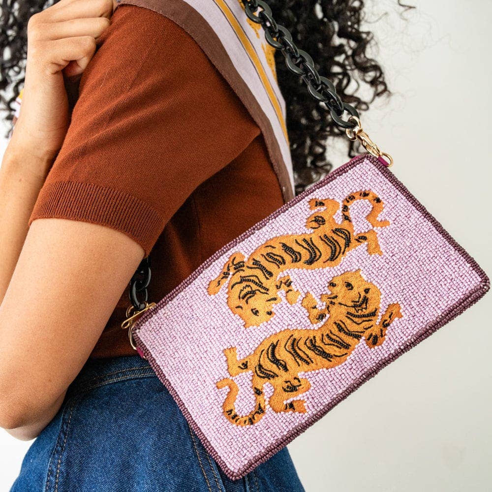 Elenor Embroidered Tiger Beaded Bag Purple Wholesale