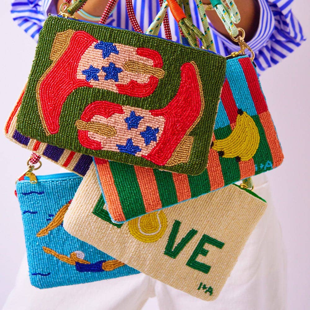 Leila Red Boots Seed Bead Clutch With Strap Wholesale
