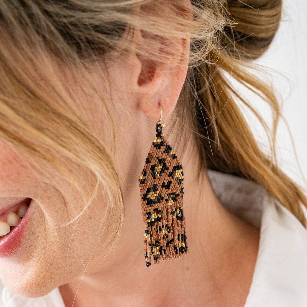 Delilah Cheetah Print Beaded Fringe Earrings Mocha, Black, + Gold Wholesale