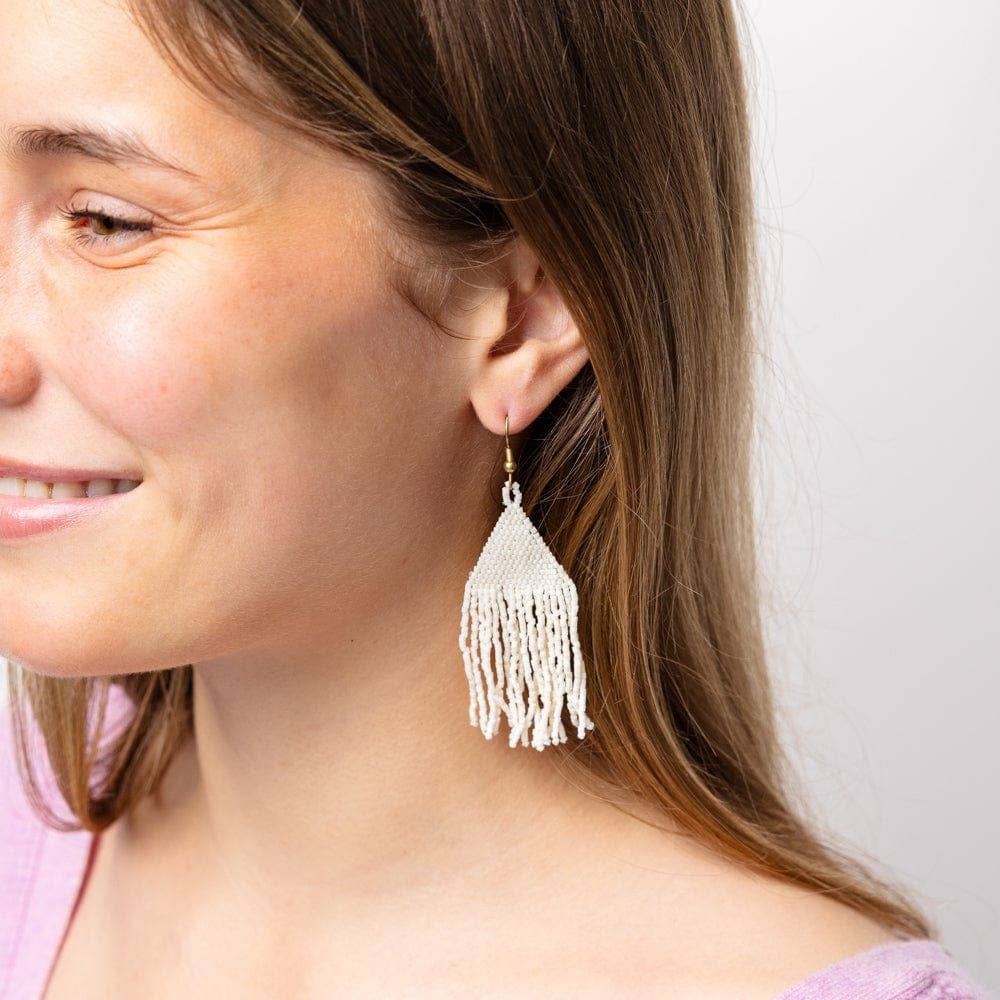 Lexie Solid Beaded Fringe Earrings Cream Wholesale