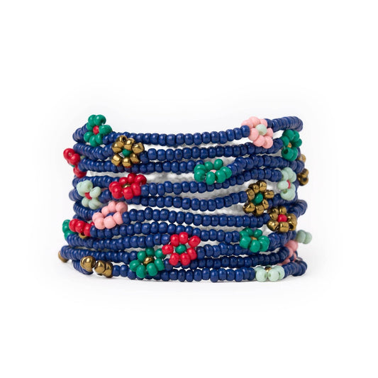 Sage Multi-Color Flower Beaded 10 Strand Stretch Bracelet Navy