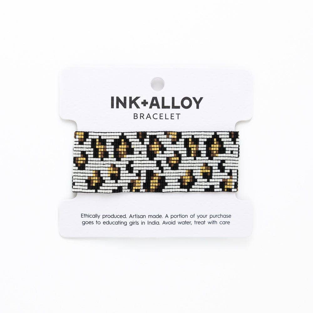 Brooklyn Cheetah Print Beaded Stretch Bracelet Ivory, Gold, + Black Wholesale