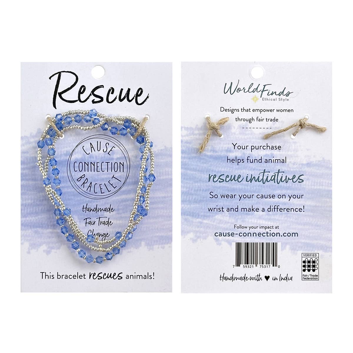 Bracelet packaging with 'Rescue' branding and blue beaded bracelet on a white background