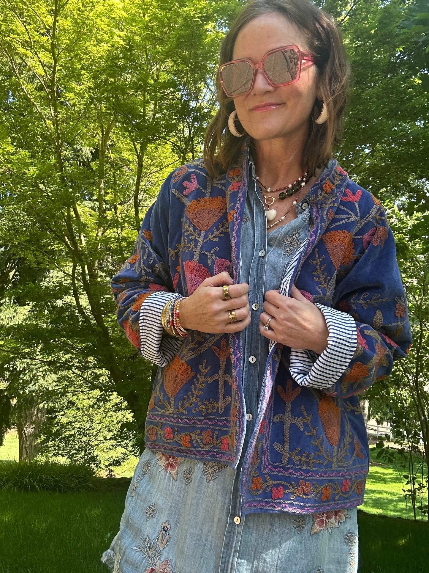 Velvet Suzani Embroidered Kimono Jacket | Boho Outerwear