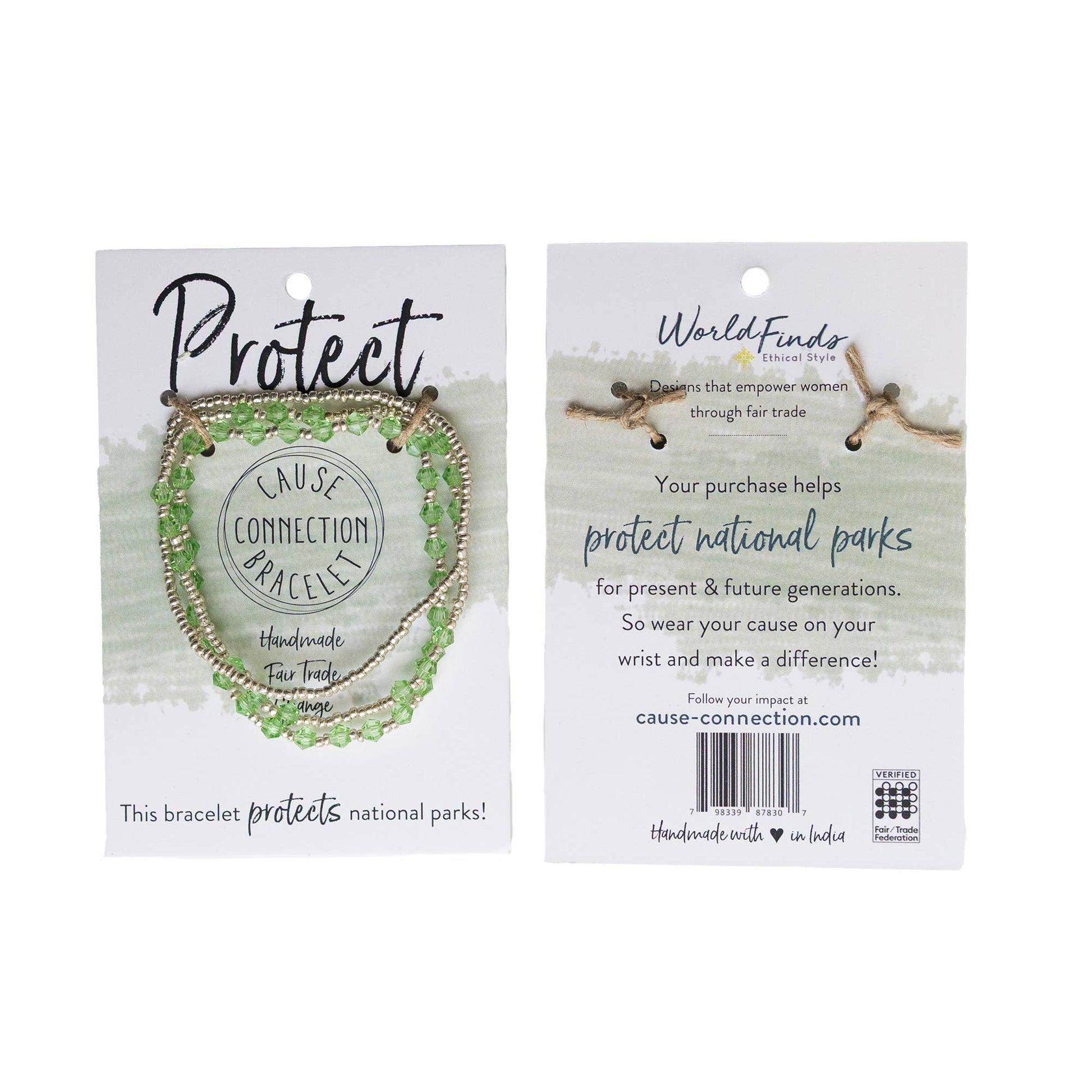 Protect Cause Connection bracelet packaging with text saying this bracelet protects national parks on a white background