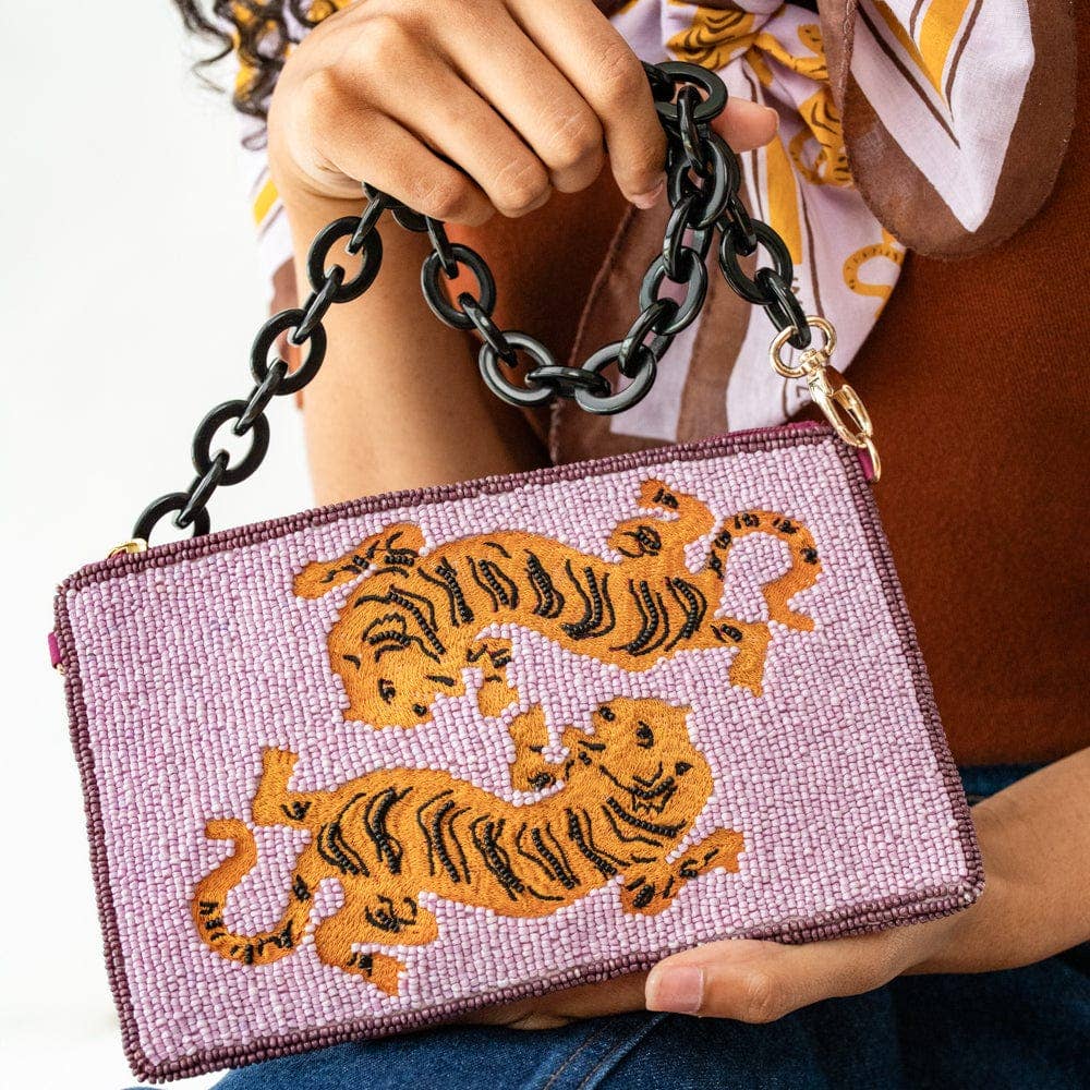 Elenor Embroidered Tiger Beaded Bag Purple Wholesale