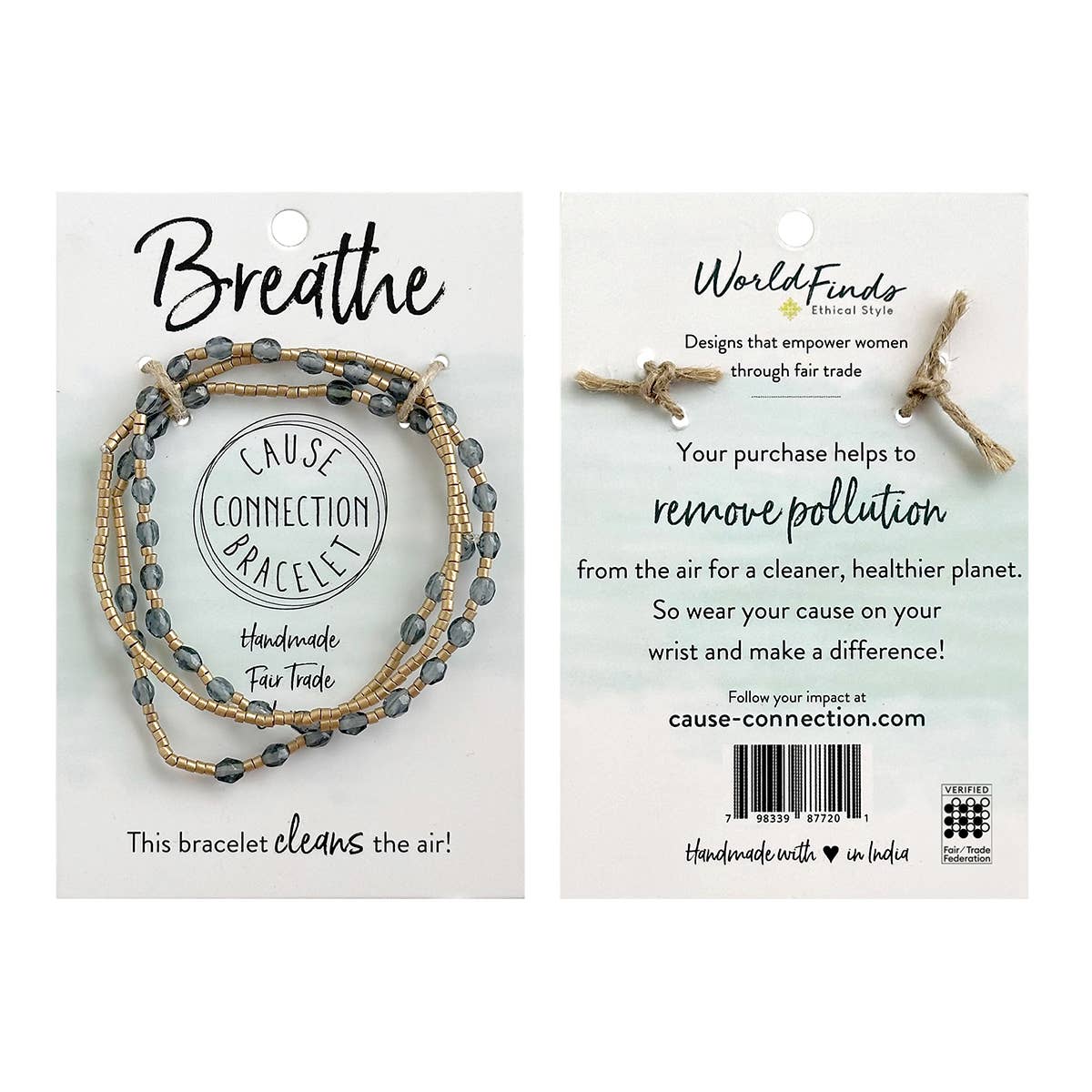 Gray Breathe Cause Connection handmade beaded bracelet on packaging that supports cleaner air and a healthier planet.