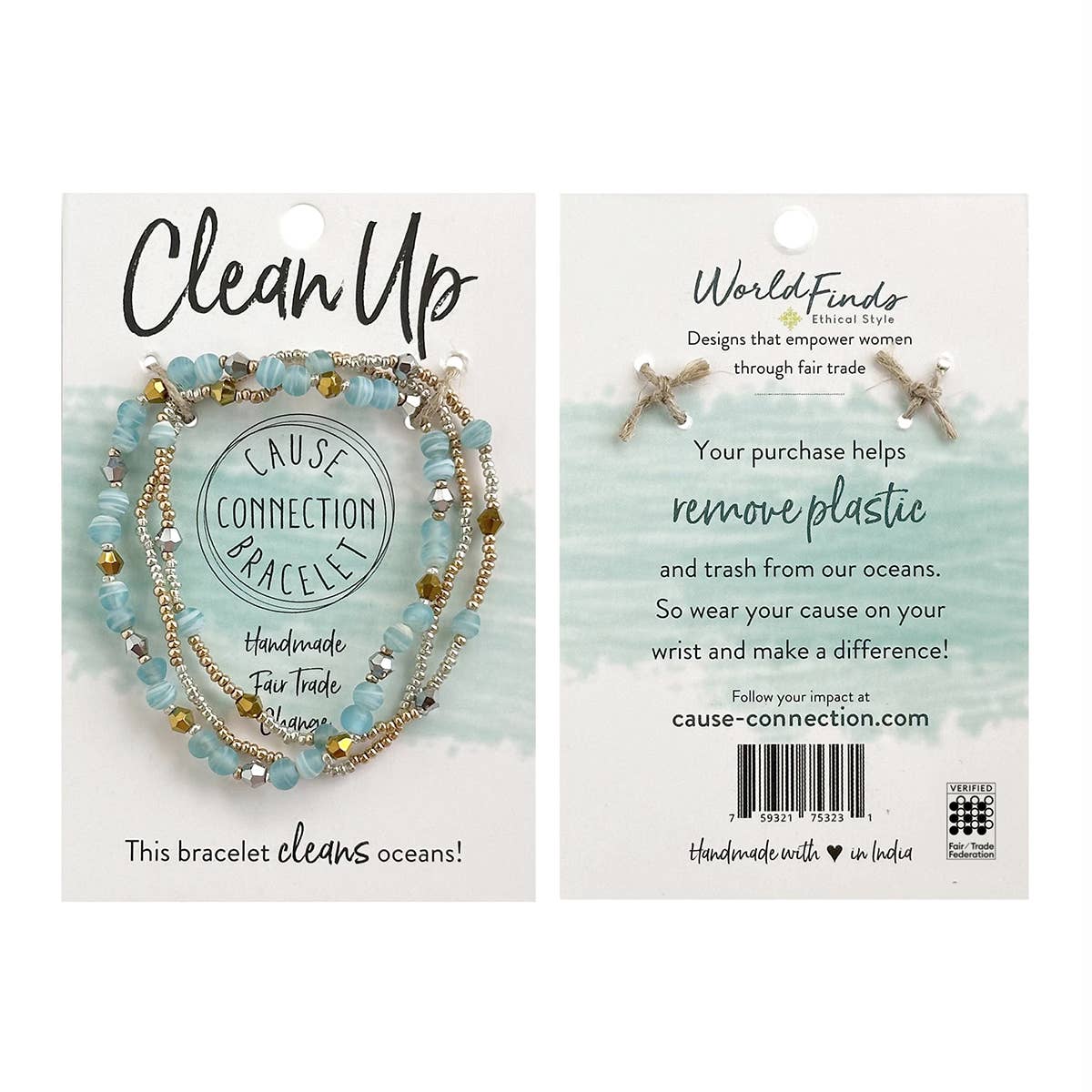 Blue handmade fair trade Clean Up bracelet styled with greenery, a meaningful bracelet that supports cleaner oceans and dignified work.