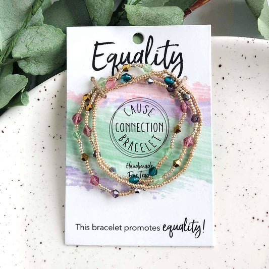 Multicolor Equality Cause Connection handmade beaded bracelet on packaging that supports equality, diversity, and training initiatives.