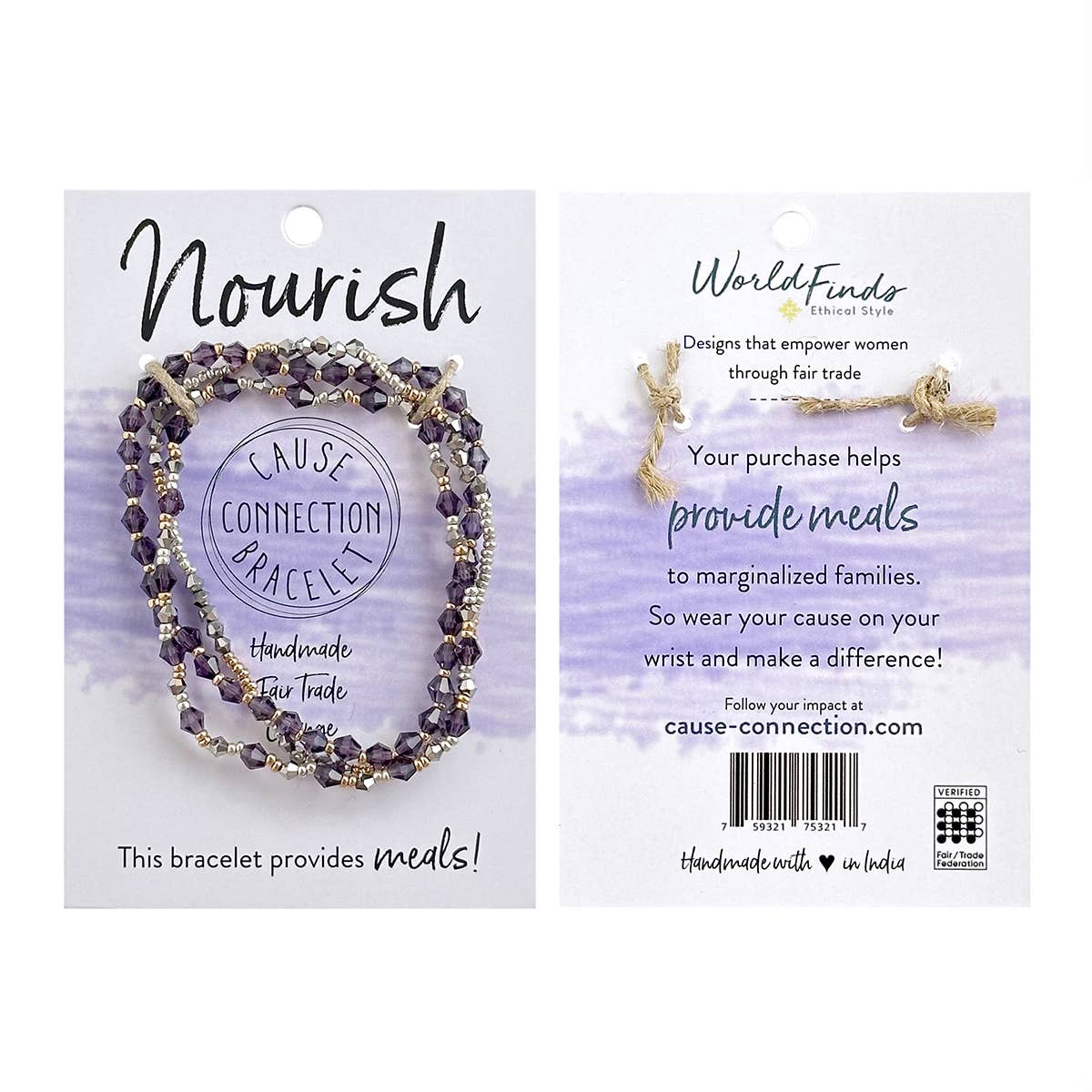Purple Nourish Cause Connection handmade beaded bracelet on packaging that helps provide meals for children and families.