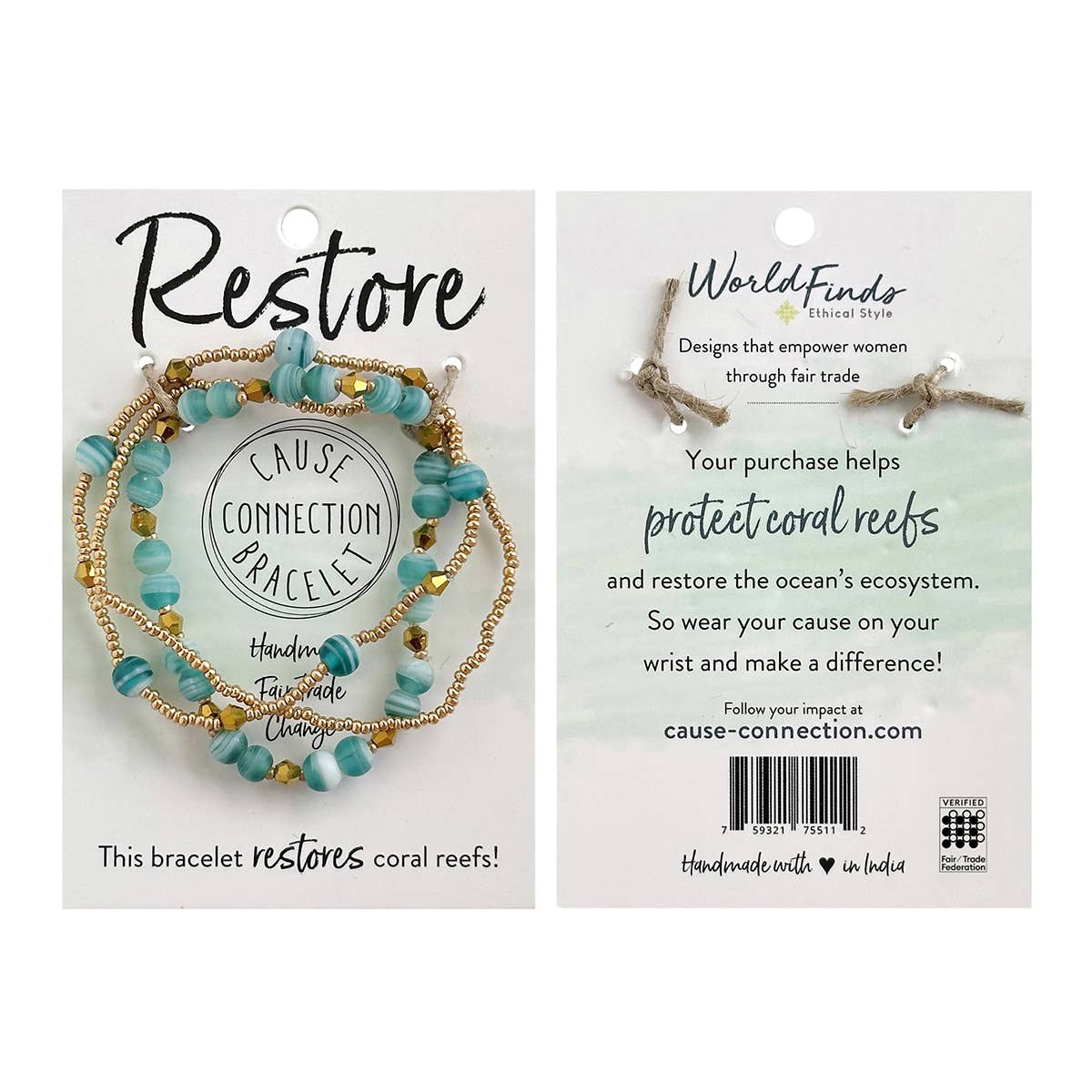 Turquoise handmade fair trade Restore bracelet styled with greenery, a meaningful bracelet that helps restore coral reefs and supports dignified work.