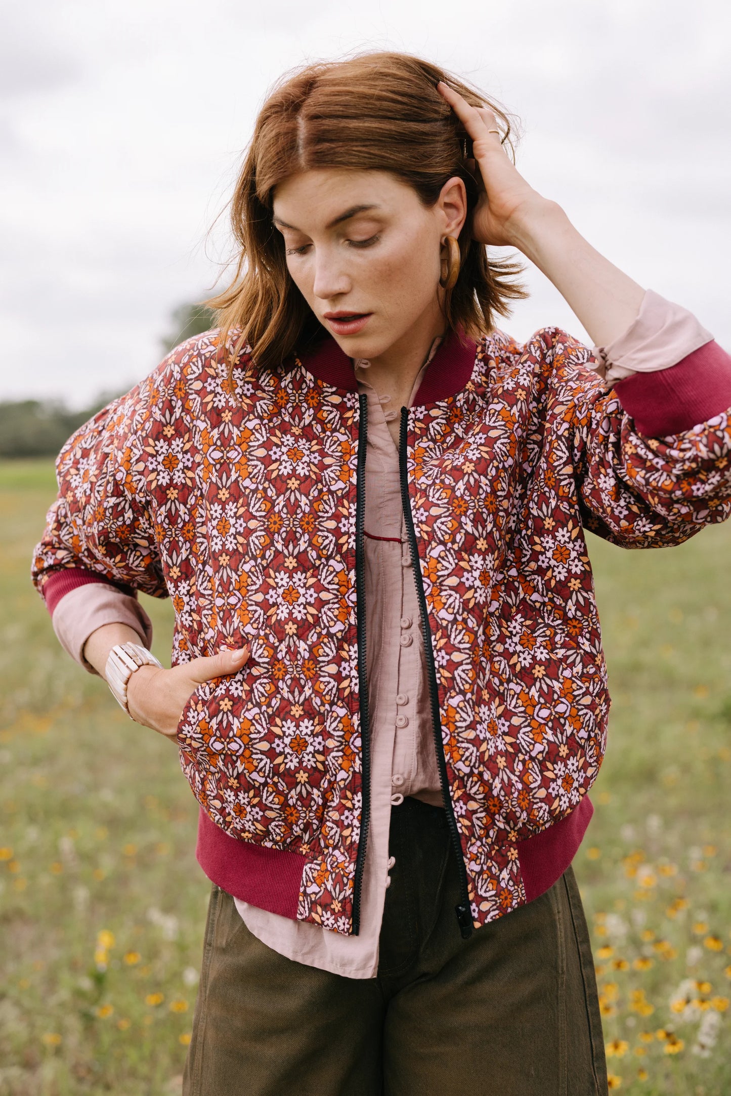Quilted Bomber Jacket, Floral Ikat